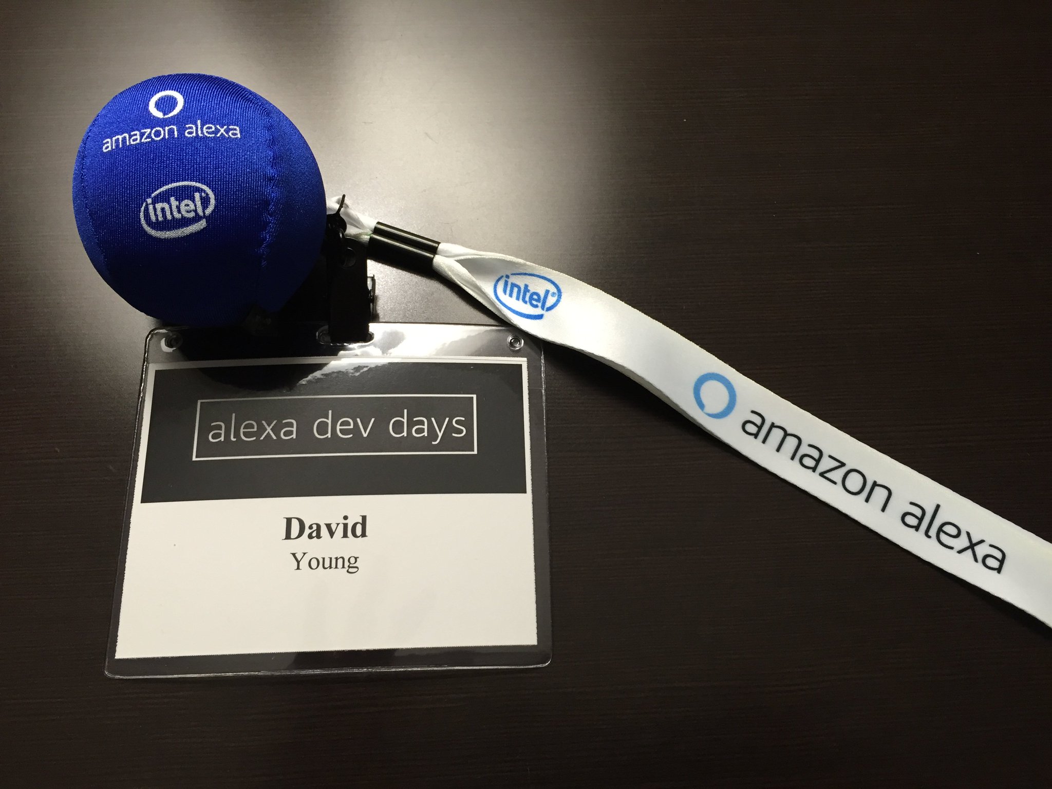 picture of Alexa attendee badge and stress ball