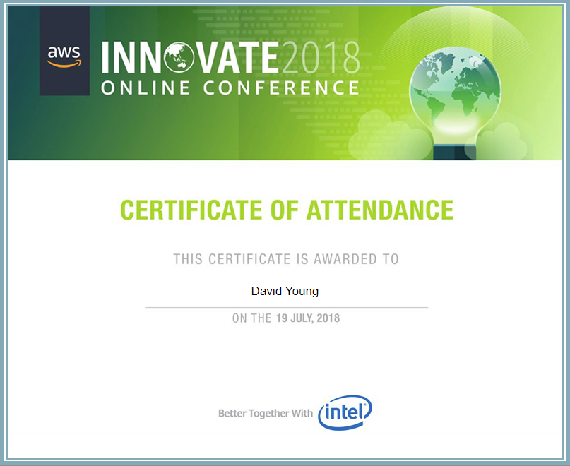 screenprint of AWS certificate of attendance in 2018