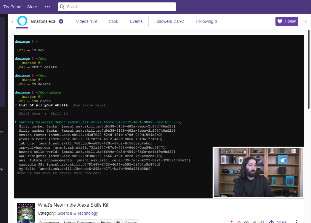 screen print of Amazon Alexa educational session on Twitch