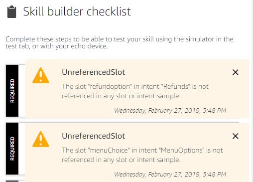 screenprint of Alexa Skill builder warnings for Unreferenced Slots