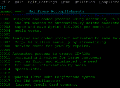 Mainframe Accomplishments Screen Print